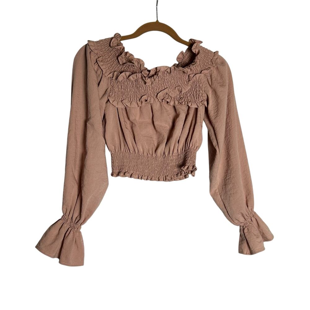 Tularosa Blush Pink Smocked Ruffle Collar Peplum Puff Long Sleeve Cropped Blouse